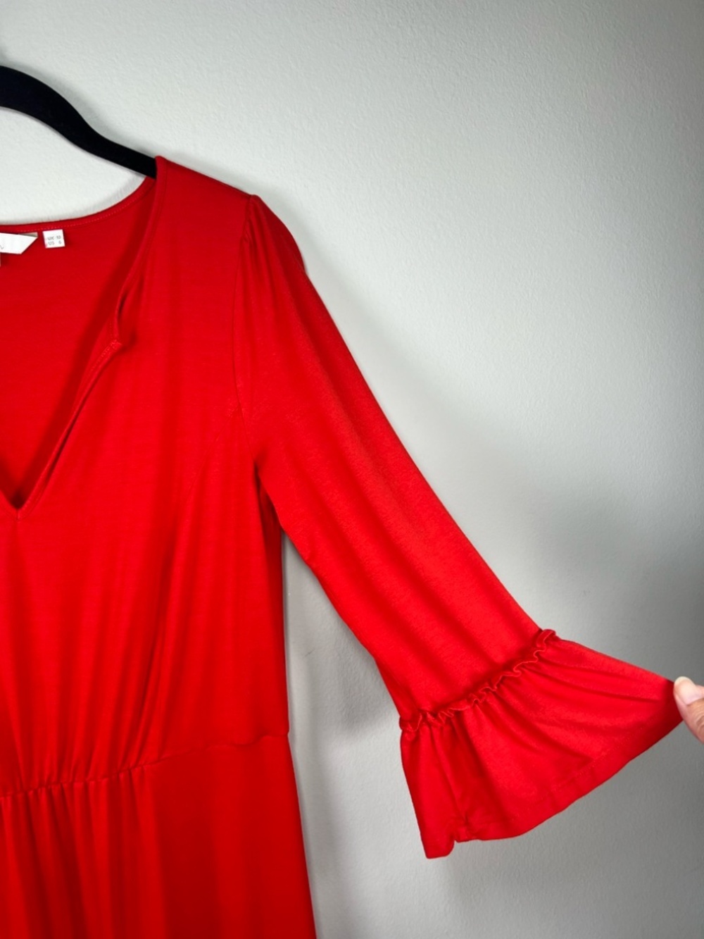 Boden Jordan Jersey Midi Dress Orange Red Split Neck Tiered Stretchy Flirty Sz 6 - Picture 6 of 16